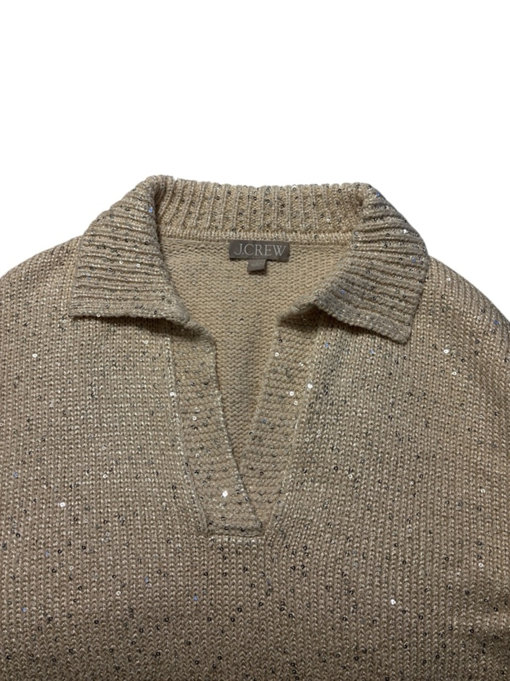 J. Crew Sequin Sweater Polo Size Large Cream V-Neck Collar Sparkle Holiday - Picture 4 of 8